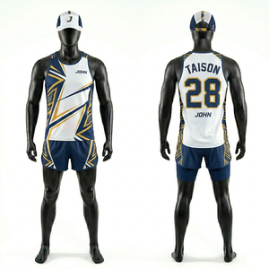 ชุดวิ่งผู้ชาย 150 GSM ผ้าโพลีเอสเตอร์ระบายอากาศได้ดี สีน้ำเงินกรมท่า ดีไซน์แผงสีขาว พิมพ์ลายแบบ Sublimation พร้อมโลโก้สั่งทำพิเศษ - Product Image 5