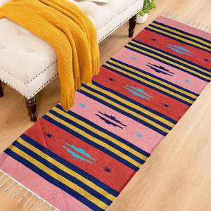 Tapis en coton tissé à la main motifs à rayures audacieuses cuisine Yoga lit côté tissage plat avec teinture végétale de l'Inde ensemble de coureur - Product Image 1