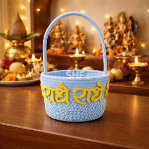 Panier artisanal traditionnel en bambou écologique fait main, couleur turquoise, bordure dorée, motif Jay Shri Ram, thème religieux, réutilisable - Product Image 4
