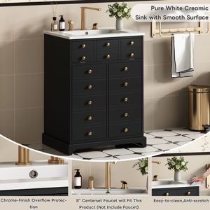 Mobile Bagno Moderno da 24 Pollici con Cassetto e Ante a Chiusura Ammortizzata, Armadietto Verniciato con Lavabo in Ceramica Integrato - Product Image 5