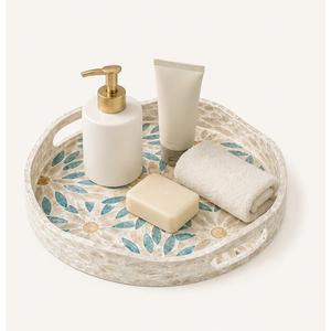 Bandeja Redonda de Lujo al por Mayor con Incrustaciones de Madreperla y Mosaico Floral Azul, Plato para Servir, Decoración Personalizada para Mesa de Centro OEM - Product Image 2