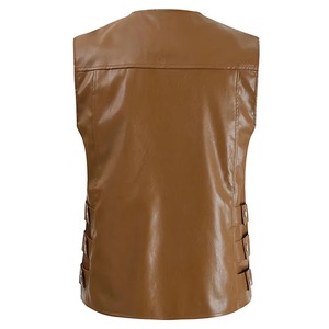 <b>Men's</b> Plus Size Brown Leather Look Moto <b>Vest</b> O-Neck Zipper Closure Pockets Outerwear Autumn Casual Style Windproof 100% Leather - Product Image 3