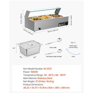 Scaldavivande Elettrico Commerciale 1500W in Acciaio Inox a 3 Vasche, Buffet da Banco con Coperchio in Vetro, Attrezzatura per Mantenere il Cibo Caldo - Product Image 3