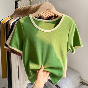 Camiseta de Mujer, Color Beige, Corte Ajustado, 100% Algodón, Tejido de Punto, Manga Corta, Cuello Redondo, Estilo Casual, Color Sólido, Transpirable, para Primavera/Verano - Product Image 4