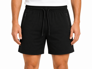 Men's Premium Black Performance Knit <b>Shorts</b> with <b>Zipper</b> Pockets Adjustable Drawstring Waist Soft Stretch Fabric Relaxed Fit - Product Image 4