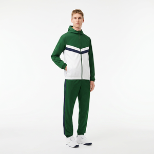 Men's Green <b>White</b> Color Block Hooded <b>Tracksuit</b> Full Zip Sporty Sweat Suit With Side Pockets Breathable Polyester Spring Wear - Product Image 3