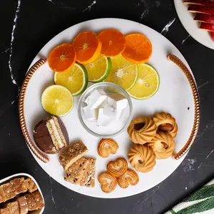 Luxury Round White Marble Serving <b>Tray</b> <b>with</b> Rose Gold <b>Handles</b> Portable Multifunction Kitchen & Living Room Tableware Organizer - Product Image 5