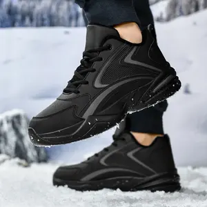 Botas de nieve para hombre con cordones, zapatillas de cuero a la moda, botas de invierno cálidas con forro de piel, zapatos casuales de algodón para exteriores - Product Image 6