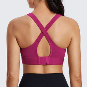 Women Solid Pink Sports Bra Zipper Front Halter V-neck Seamless Breathable Crop <b>Top</b> High Waist Shorts Yoga Set Workout - Product Image 3