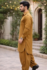 Conjunto de Kurta y Shalwar de Algodón Color Mostaza para Hombre, Corte Regular, Estilo Tradicional Indio-Pakistaní, Informal, para Todas las Temporadas, Sin Arrugas, Largo hasta el Tobillo - Product Image 2