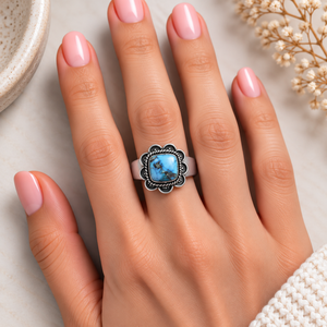 Anillo de Cobre con Turquesa Azul, Diseño Cuadrado de Flor, Hecho a Mano, Estilo Bohemio Occidental, Anillo de Joyería con Piedra Preciosa, Regalo para Mujer - Product Image 2