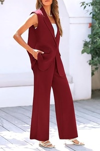 Women's Red Sleeveless <b>Blazer</b> <b>Set</b> Loose Fit Wide Leg Pants Two Piece Suit Casual Spring Summer Solid Color Crepe Fabric - Product Image 4