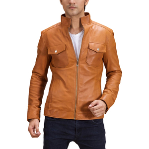 Veste en cuir véritable marron pour homme, coupe ajustée, col montant, fermeture éclair, couleur unie, décontractée, automne, longueur standard - Product Image 5