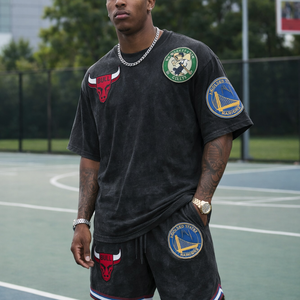 Ensemble Coordonné de Basketball Oversize Multi-Logos – Édition Performance Urbaine pour Homme en French Terry, Effet Délavé à l'Acide et Teint au Soleil - Product Image 3