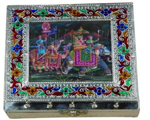 Boîte porte-clés en métal Meenakari artisanale avec décorations d'art du Rajasthan – Organisateur mural décoratif pour clés avec crochets - Product Image 4