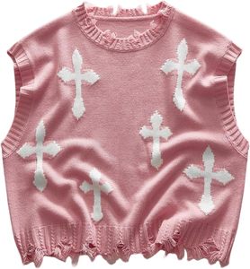 Pink Knitted Sleeveless Crop <b>Top</b> With White Cross Print <b>Fringe</b> Detail Gothic Style Oversized Pullover Unisex Autumn Wear - Product Image 1