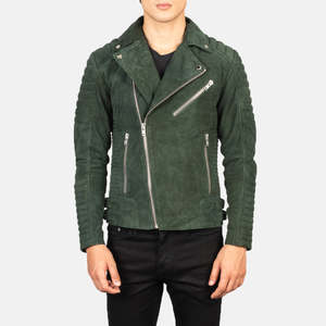 Men's Green <b>Suede</b> Moto <b>Jacket</b> Zipper Closure Turn-down Collar Slim Fit Autumn Style Regular Length - Product Image 1