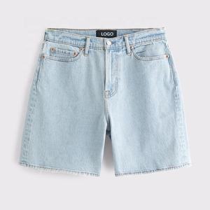 Shorts en jean délavé pour homme, taille haute, coupe droite, décontracté, été, tissu en coton tissé, fermeture boutonnée - Product Image 1