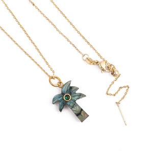 Natural Labradorite Carved <b>Palm</b> <b>Tree</b> <b>Necklace</b> Green Zircon Accent Gold Chain Adjustable Trendy Boho Tropical Jewelry Handmade - Product Image 3