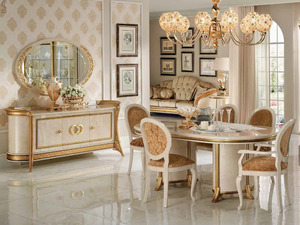 Juego de Comedor Clásico de Lujo en Madera de Teca Sólida, Color Crema Dorado, 6 Sillas, Mesa Ovalada, Muebles de Cocina para el Hogar, Estilo Europeo Real - Product Image 1