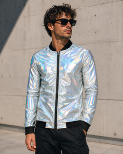 Wholesale Custom <b>Mens</b> Bomber <b>Jacket</b> Shiny Rainbow Front Glitter Print Zip Front Stand Collar Autumn <b>Jacket</b> Windproof <b>Canvas</b> OEM - Product Image 6