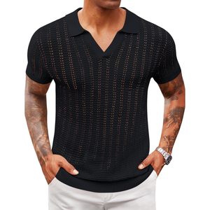 2025 hommes décontracté col en V Golf été chemise à manches courtes tricot pour Polo pull foncé brodé solide motif taille XL-Spandex - Product Image 1