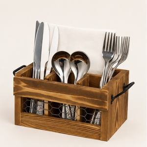 Handcrafted Rustic Wooden Cutlery Holder And Napkin <b>Caddy</b> With Chicken Wire Panel 4-Compartment Vintage Tabletop Utensil Holder - Product Image 5