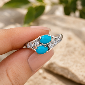 <b>Turquoise</b> 925 Sterling Silver Luxury Unisex <b>Ring</b> with Twin Oval Cabochons in Bezel Setting for Wedding/Party/Gift - Product Image 4