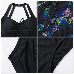 Maillot de bain une pièce noir pour femme avec imprimé tropical, jupe asymétrique en mousseline et corsage froncé - Product Image 4