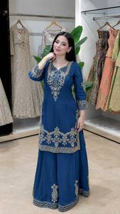 Brown Embroidered Silk <b>Indian</b> Pakistani Set Long Sleeve Anarkali <b>Kurta</b> Palazzo Dupatta Wrinkle Free Festive Formal Wear - Product Image 4