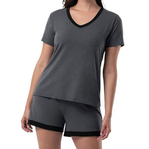 Ensemble de pyjama en satin tissé pour femmes grandes tailles, vêtements de nuit d'été respirants en coton, t-shirt et shorts, design à motifs tendance - Product Image 1