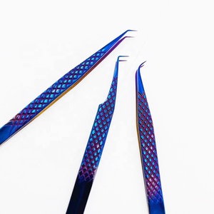 Pinzas de extensión de pestañas de volumen curvo de 45 90 grados de acero inoxidable sólido profesional agarre de textura de Diamante Azul puntiagudo a mano - Product Image 6