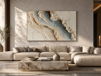 Peinture à l'huile texturée abstraite vague océanique sur toile beige et bleue, décoration murale pour la maison