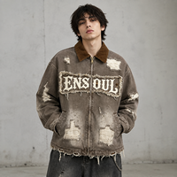 Chaquetas de mezclilla gruesas vintage personalizadas para hombre, estilo streetwear, con efecto desgastado, bordados, apliques, parches, estilo baggy, con cremallera, para trabajo, tipo trucker.