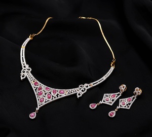 Vintage Engagement <b>Ruby</b> CZ Bridal <b>Necklace</b> 22K Gold Plated Statement Red Cubic Zirconia Wedding Jewelry - Product Image 3