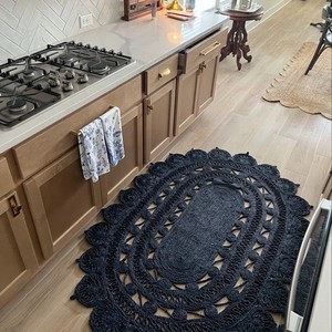 Tapis en jute bohème ovale fait main, motif médaillon, bleu foncé, poils plats, décoration de salon - Product Image 3