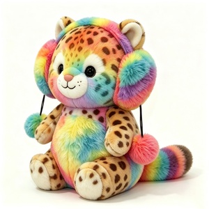 Peluche de leopardo manchado personalizado y adorable, con pelaje arcoíris, suave peluche de leopardo con efecto tie-dye arcoíris y orejeras de pompón. - Product Image 5