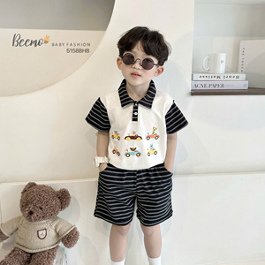 Conjuntos de Ropa Casual de Verano para Niños, Camisetas Polo de Manga Corta con Estampado de Autos y Pantalones Cortos a Rayas, Ropa para Niños Pequeños - Product Image 1