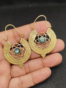 labradorite Export Brass Gemstone Drop <b>Earrings</b> Bulk Handcrafted Gold Plated Finish Pattern Bezel - Product Image 3
