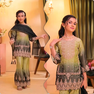 Elegant Silk Embroidered Kids Premium <b>Top</b> Palazzo Set With Organza Dupatta Full Stitched For Girls Wholesale Rate By Royal Expot - Product Image 1