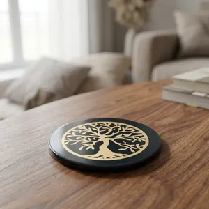 Disco Decorativo Circular de Ágata Negra Ecológico Hecho a Mano con Diseño del Árbol de la Vida Dorado para Decoración del Hogar, Práctica Espiritual Reiki - Product Image 5