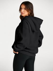 Sweat à capuche oversize en polaire pour femme, noir uni, coupe classique, manches longues, décontracté, hiver, avec badge sur le devant - Product Image 4