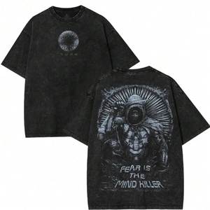 T-shirt décontracté pour homme en coton tricoté 100 % délavé à l'acide, respirant, 120 g, à manches courtes, avec poche avant, col rond, coupe oversize et imprimé vintage - Product Image 3