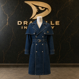 Abrigo de Mezclilla Cruzado Tipo Capa con Logo Personalizado, Gabardina Larga Unisex, Prenda Exterior Premium en Lavado Oscuro - Product Image 1