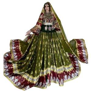 Pashtun Wear Maroon Green Embroidered Ball Gown Full Sleeve Floor Length Choker Neck Formal <b>Dress</b> With Beading Patchwork Design - Product Image 1