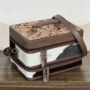 Étuis à bijoux de voyage double couche Organisateur de rangement portable pour boucles d'oreilles et colliers en cuir de vachette Grande boîte à bijoux avec poignée - Product Image 2