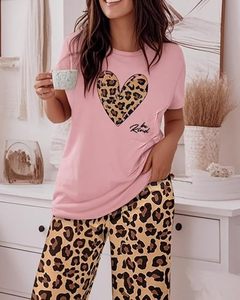 Conjunto de Pijama de Verano y Primavera para Mujer, Manga Corta, Cuello Redondo, Algodón Suave, Casual, Cintura Elástica Completa - Product Image 3