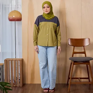 Blusa Elegante a Rayas Color Oliva, Fabricada en Malasia, Camisa Modesta de Manga Larga a Rayas para Mujer, Sin Plancha, para Uso Diario en la Oficina - Product Image 3