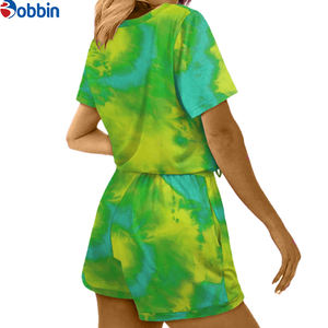 Ensemble T-shirt et short en coton de haute qualité, coupe oversize à épaules tombantes, unisexe, avec logo personnalisé, streetwear pour femme, 2 pièces, tie-dye, ensembles d'été - Product Image 3