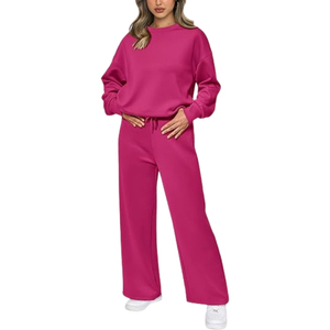 Women Plus Size Solid <b>Pink</b> Casual <b>Tracksuit</b> Crew Neck Sweatshirt With Drawstring Pants Full Length Loose Fit Fall Sweatsuits - Product Image 4